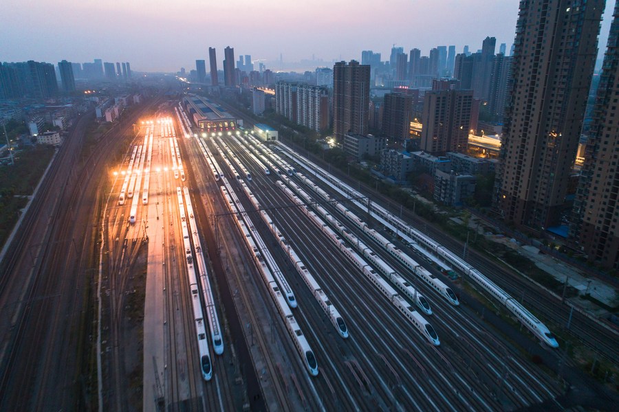Aerial photo taken on April 8, 2020 shows high-speed trains preparing for operation at the garage in Wuhan, capital of central China's Hubei Province. (Xinhua/Xiao Yijiu) XxjwsmE007011 20210318 CBMFN0A002