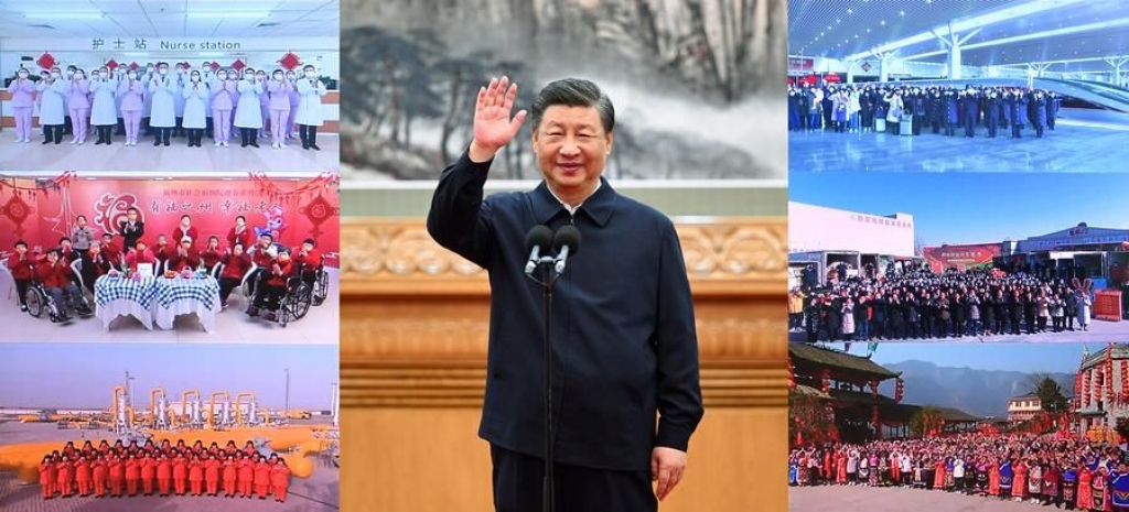 This combo photo shows Chinese President Xi Jinping, also general secretary of the Communist Party of China Central Committee and chairman of the Central Military Commission, extending festive greetings to all Chinese people when he holds virtual talks with the general public from across the country ahead of the Spring Festival in Beijing, capital of China, Jan. 18, 2023. (Xinhua/Xie Huanchi, Li Tao)