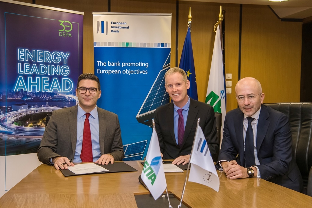(clockwise):  Konstantinos Xifaras, CEO-DEPA  Andrew McDowell, Vice President-EIB  Ioannis Papadopoulos, BoD Chairman-DEPA