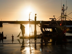 A fisherman cleans at Tsurishihama Fishing Port after fishing in Shinchi Town, Fukushima Prefecture, Japan, on Aug. 23, 2023. (Xinhua/Zhang Xiaoyu)