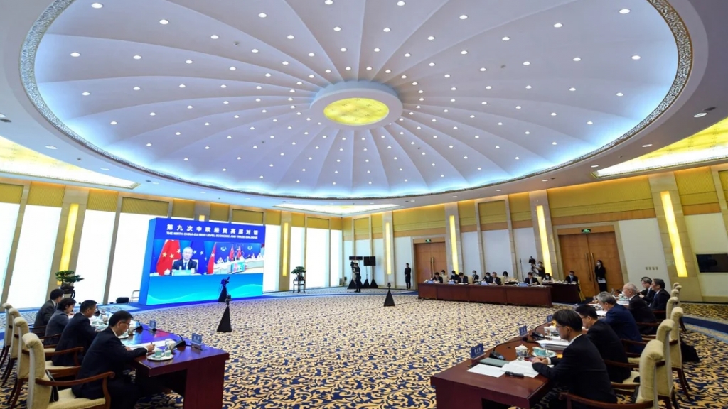 Chinese Vice Premier Liu He and Valdis Dombrovskis, EU's trade chief (on screen), co-chair the 9th China-EU High-Level Economic and Trade Dialogue held via video link, July 19, 2022. /Xinhua