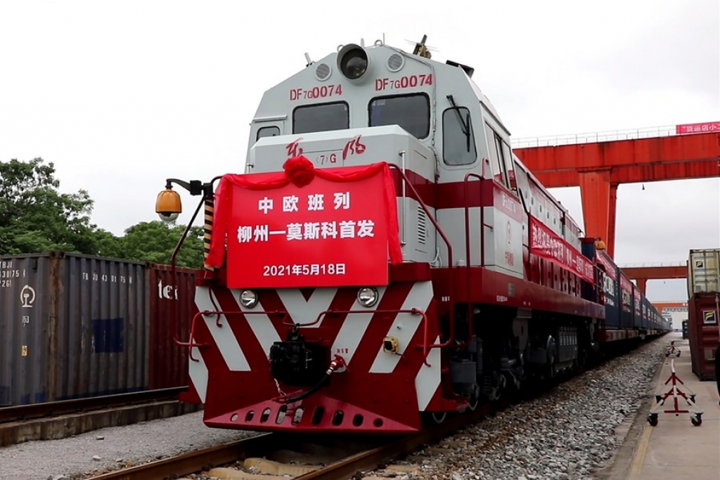 A China-Europe freight train departs from Liuzhou in south China's Guangxi Zhuang Autonomous Region for the Russian capital Moscow, May 18, 2021. (China Railway Nanning Group/Handout via Xinhua)