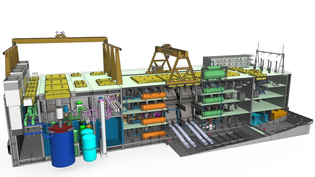 ThorCon 500 MW MSR power plant in ship hull cutaway view 