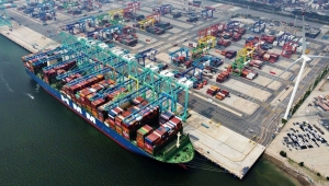 This aerial photo shows a cargo ship at a smart container terminal of Tianjin Port in north China's Tianjin, July 7, 2023. (Xinhua/Zhao Zishuo)