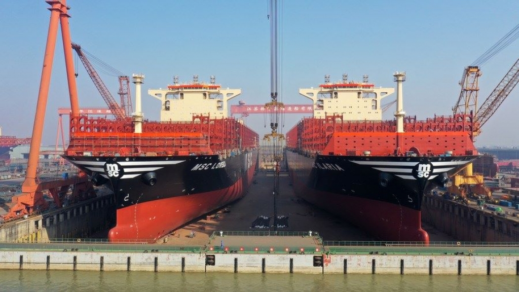 This aerial photo taken on Dec. 5, 2023 shows container vessels at a shipyard of Jiangsu Yangzi Xinfu Shipbuilding Co., Ltd. in Taixing, east China's Jiangsu Province. (Xinhua/Chen Yehua)