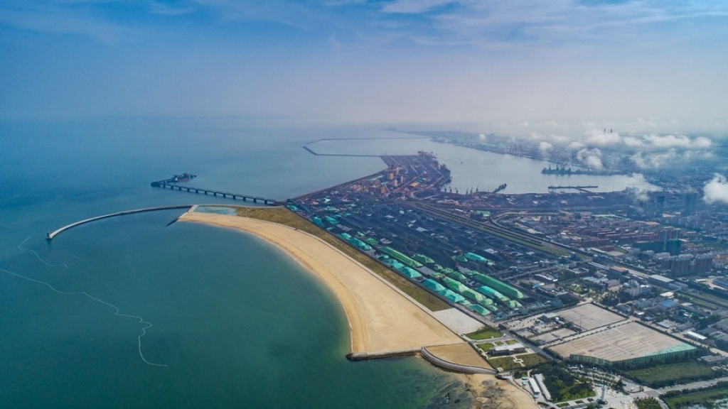 Aerial photo taken on Aug. 23, 2020 shows part of the vacated area at Rizhao Port, east China's Shandong Province. (Rizhao Port/Handout via Xinhua)