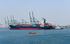 A container ship sails through a container dock of the Tianjin Port in east China's Tianjin Municipality, Nov. 4, 2020. (Xinhua/Sun Fanyue)