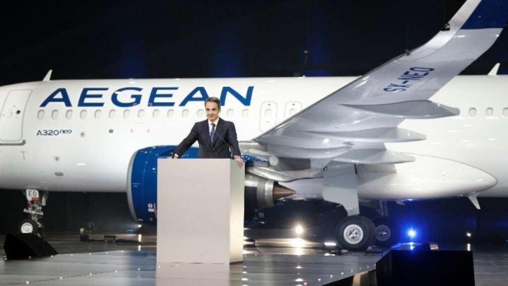 PM Mitsotakis welcomes arrival of first of Aegean Airlines' new airplanes, one of 46