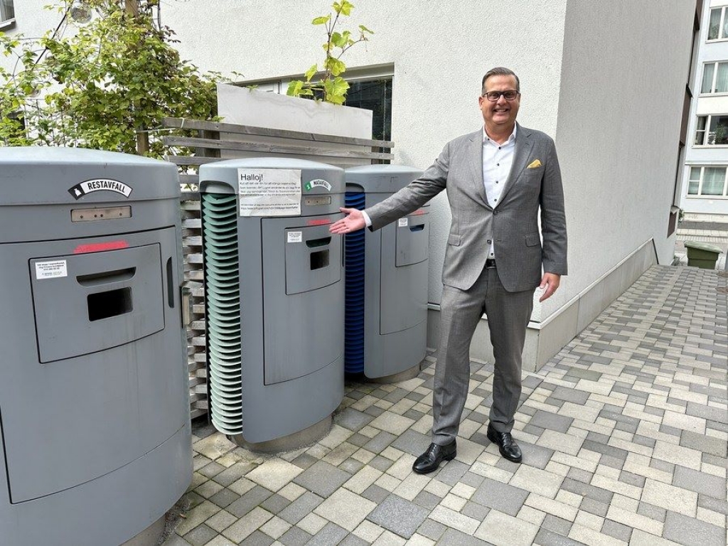 Joakim Karlsson, CEO and president of Sweden's innovative waste collection company Envac AB, explains the company's waste collection system in Stockholm, Sweden, on Aug. 21, 2023.  (Xinhua/He Miao)